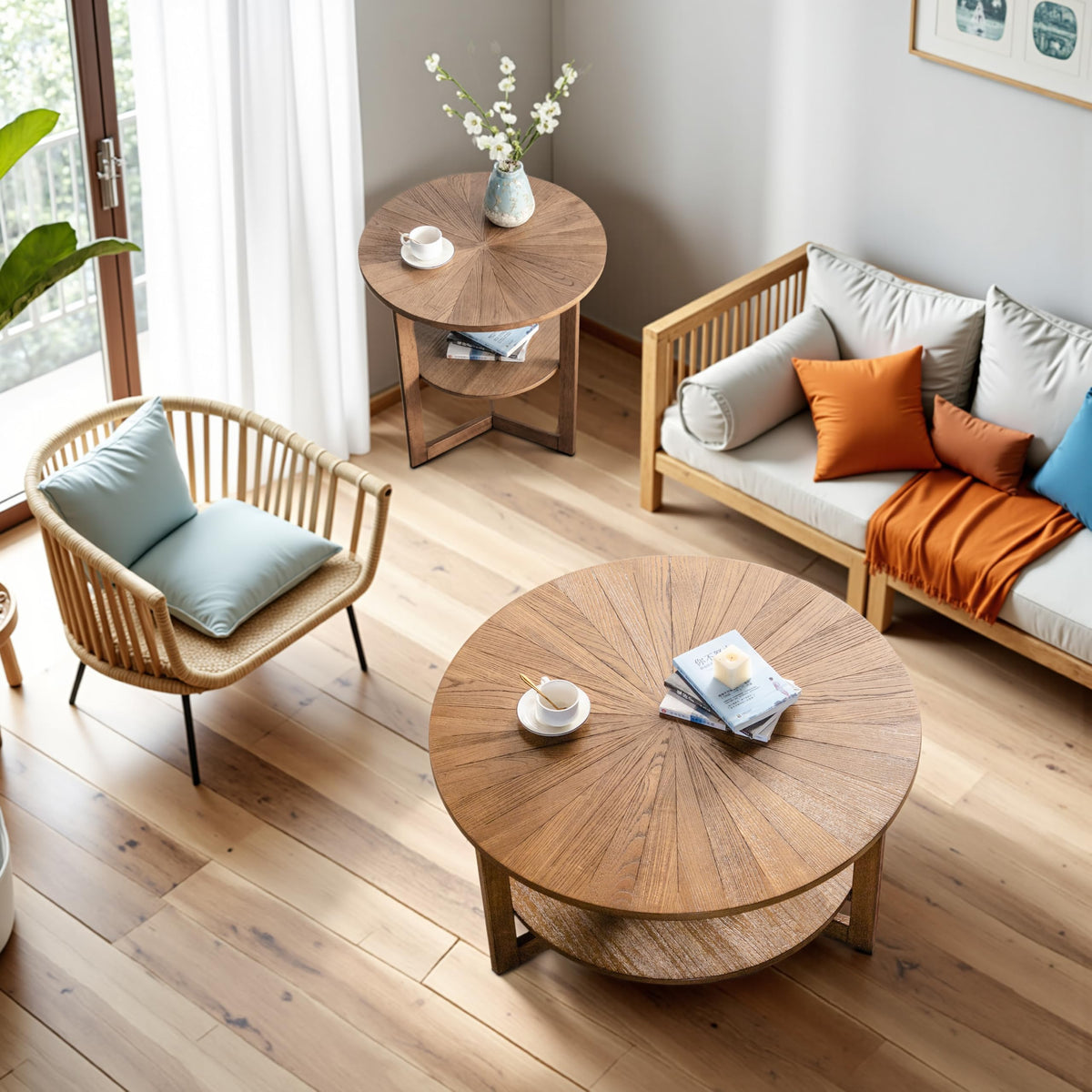 35" Round 2 Tier Wood Coffee Table with Storage Shelf O22680