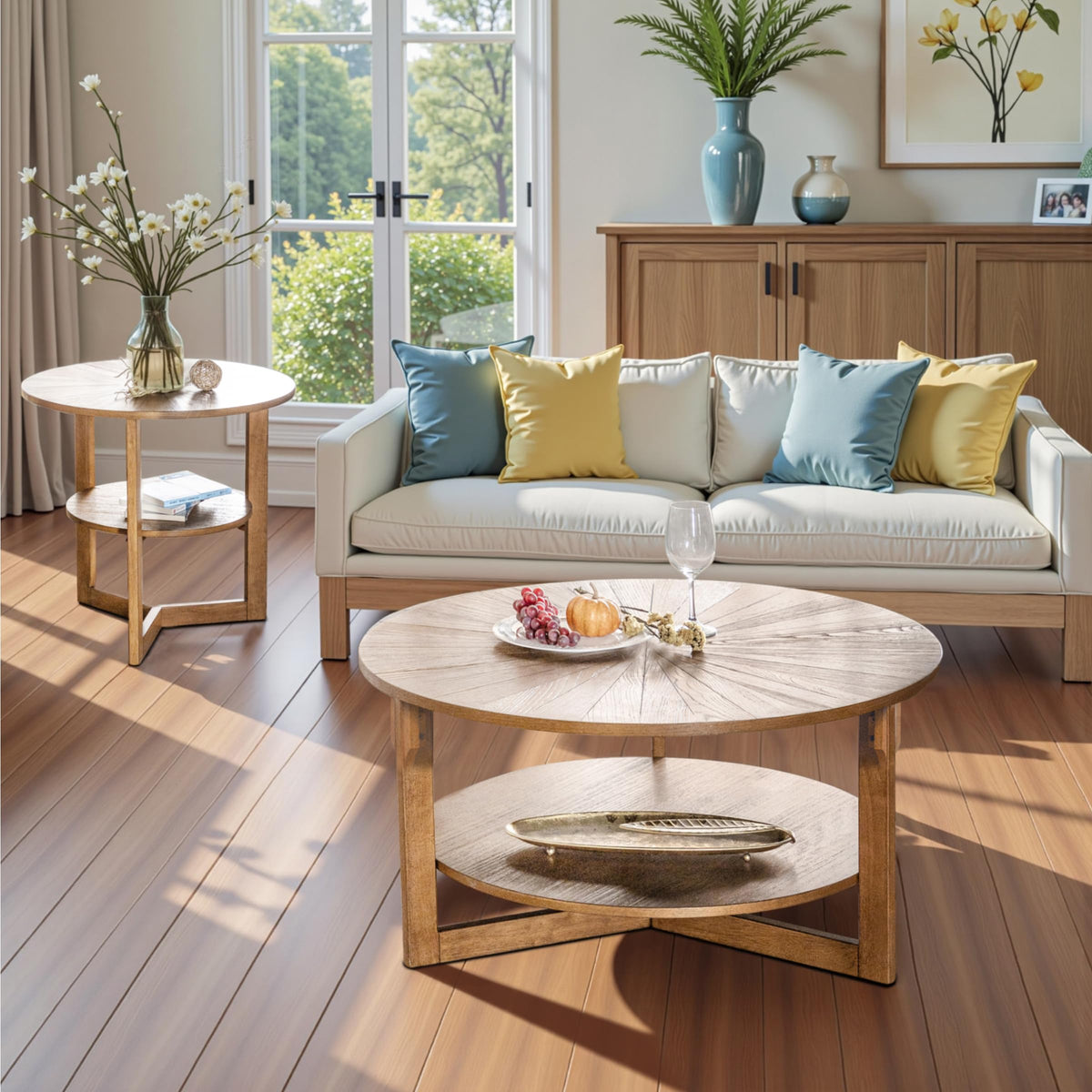 35" Round 2 Tier Wood Coffee Table with Storage Shelf O22680