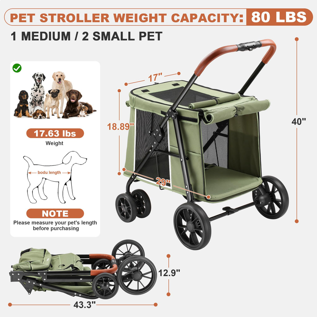 Medium Dog Stroller, One-Touch Folding, 360° Rotating Front Wheels, 80 lbs Weight Capacity, Green F358