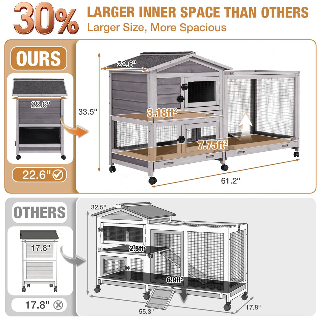 Indoor and Outdoor Rabbit Hutch with Casters Waterproof Roof G4360