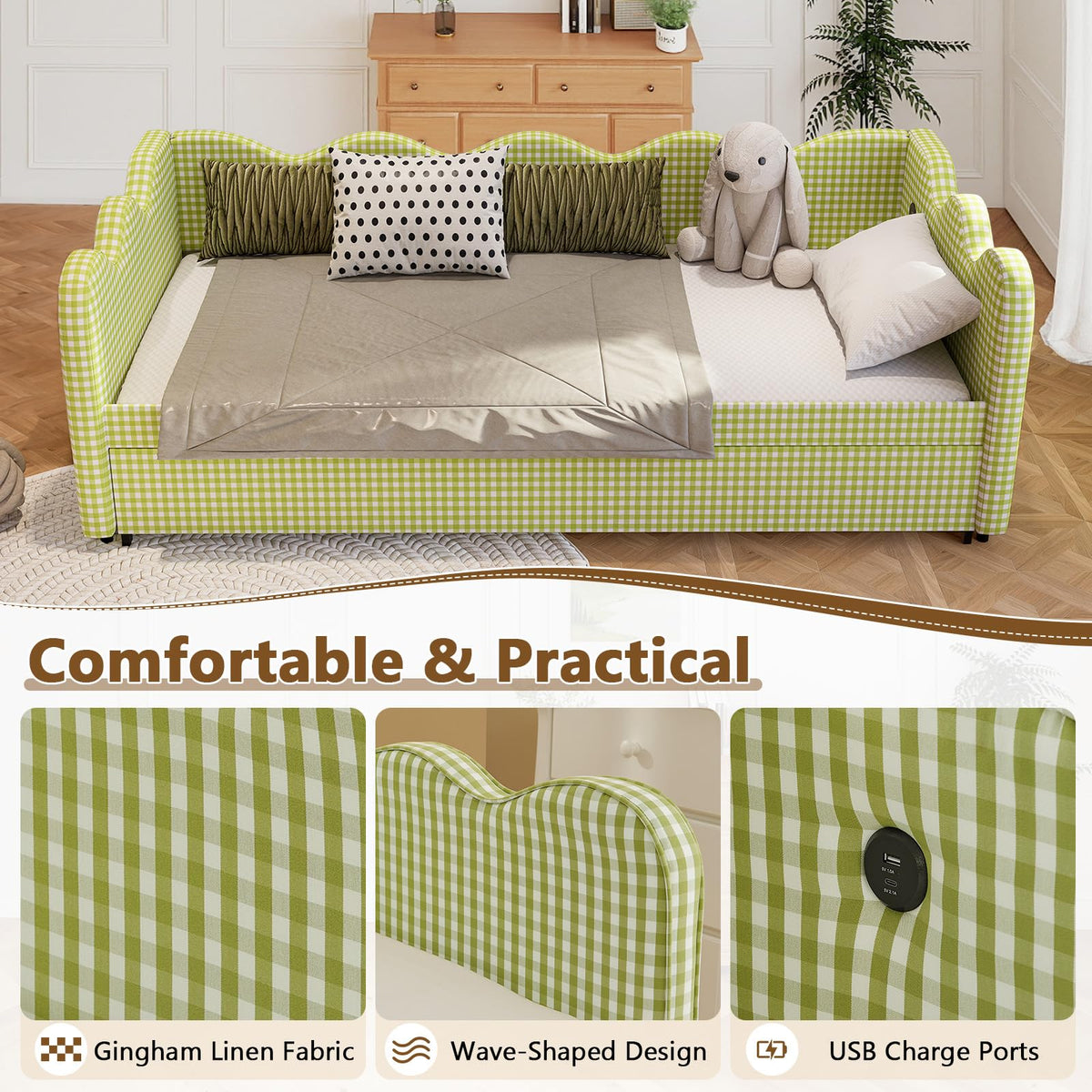 Twin Size Upholstered Daybed with Pop Up Trundle Q9329