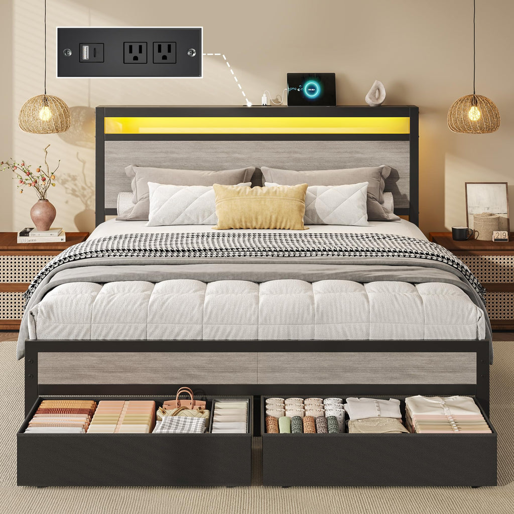 Queen Size Storage Bed Frame with Wood Headboard and LED Lights A645