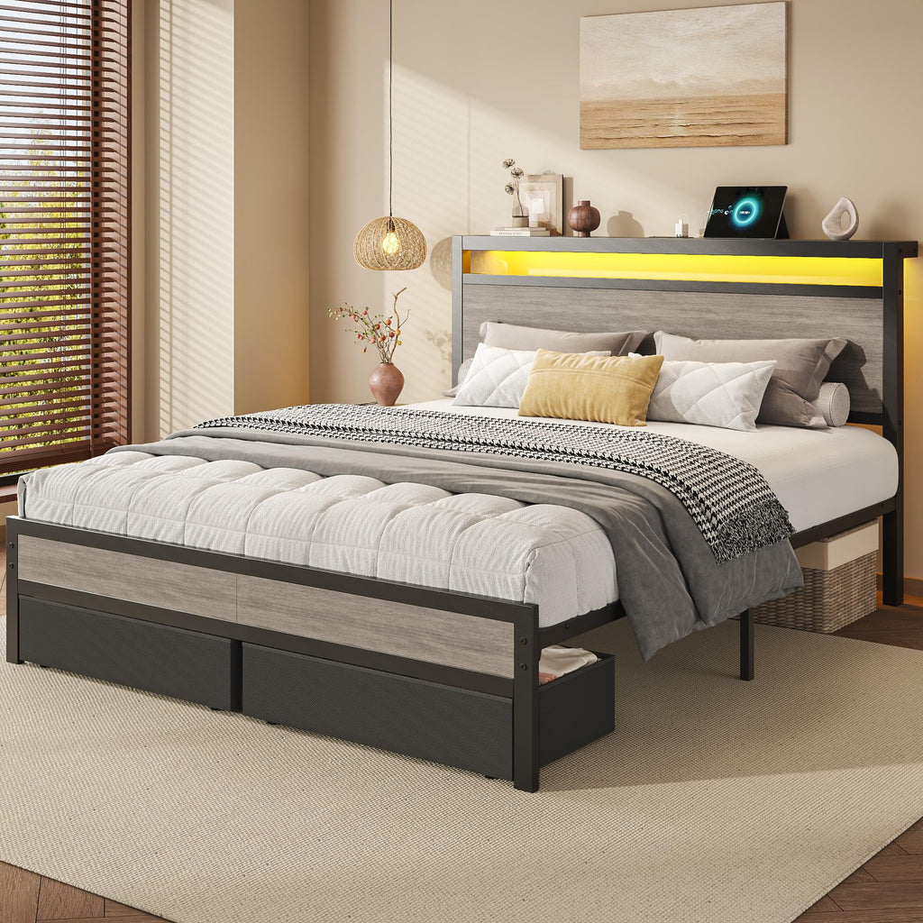 Queen Size Storage Bed Frame with Wood Headboard and LED Lights A645