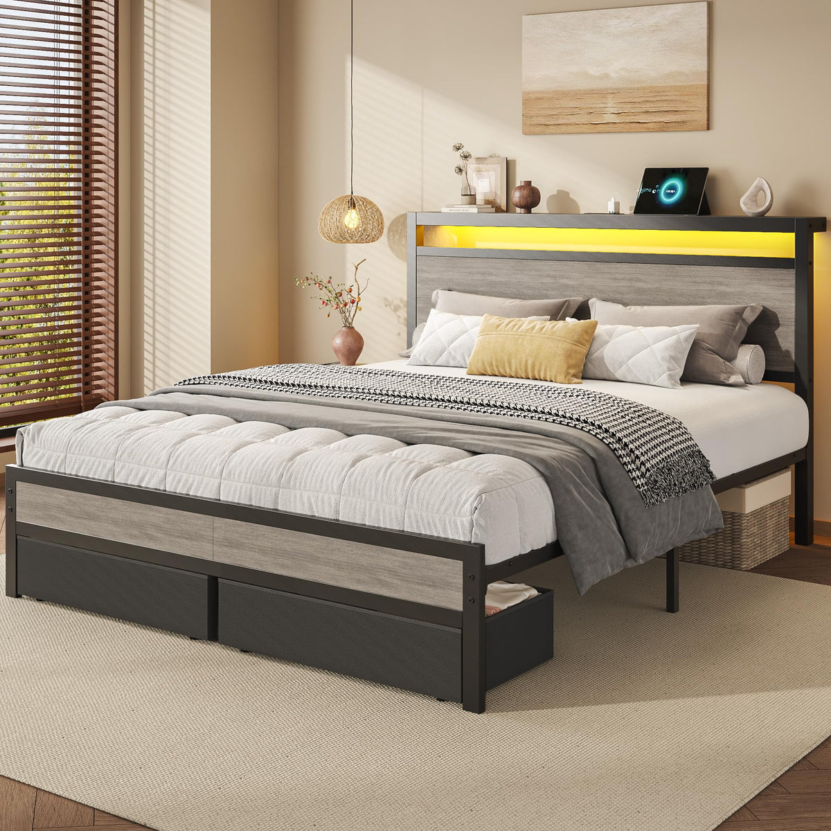 Queen Size Storage Bed Frame with Wood Headboard and LED Lights A645