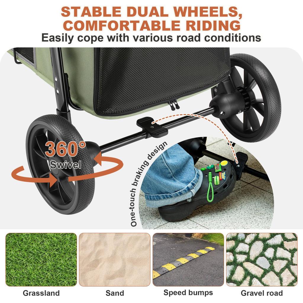 Medium Dog Stroller, One-Touch Folding, 360° Rotating Front Wheels, 80 lbs Weight Capacity, Green F358