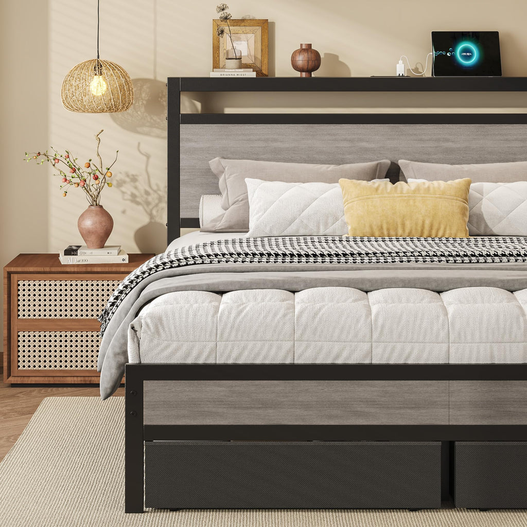 Queen Size Storage Bed Frame with Wood Headboard and LED Lights A645
