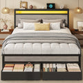 Queen Size Storage Bed Frame with Wood Headboard and LED Lights A645