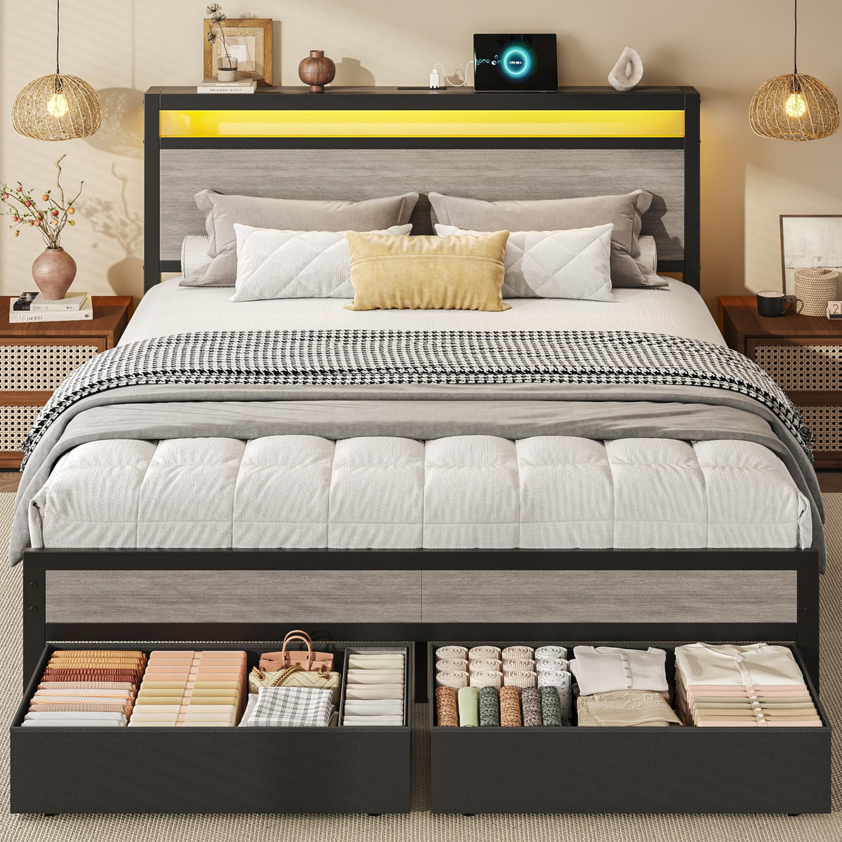 Queen Size Storage Bed Frame with Wood Headboard and LED Lights A645