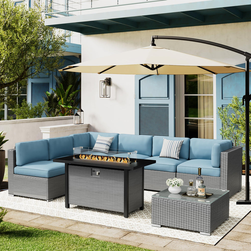 8 Piece Grey PE Wicker Patio Sectional Sofa Set with Fire Pit Table H691