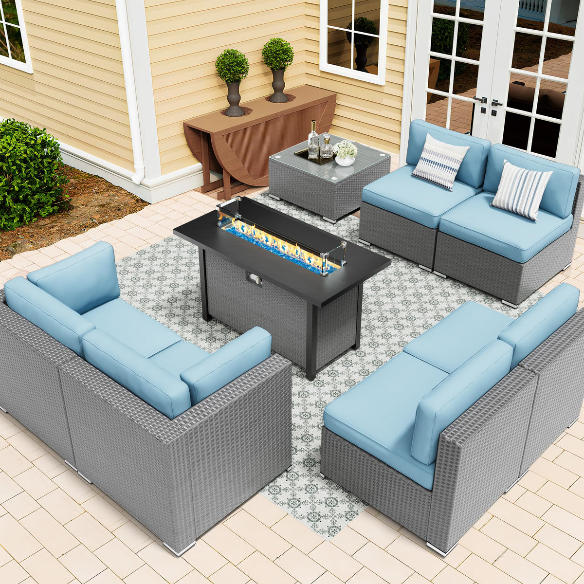 8 Piece Grey PE Wicker Patio Sectional Sofa Set with Fire Pit Table H691