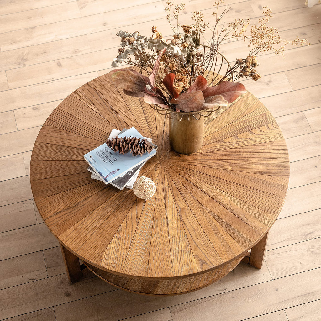 35" Round 2 Tier Wood Coffee Table with Storage Shelf O22680