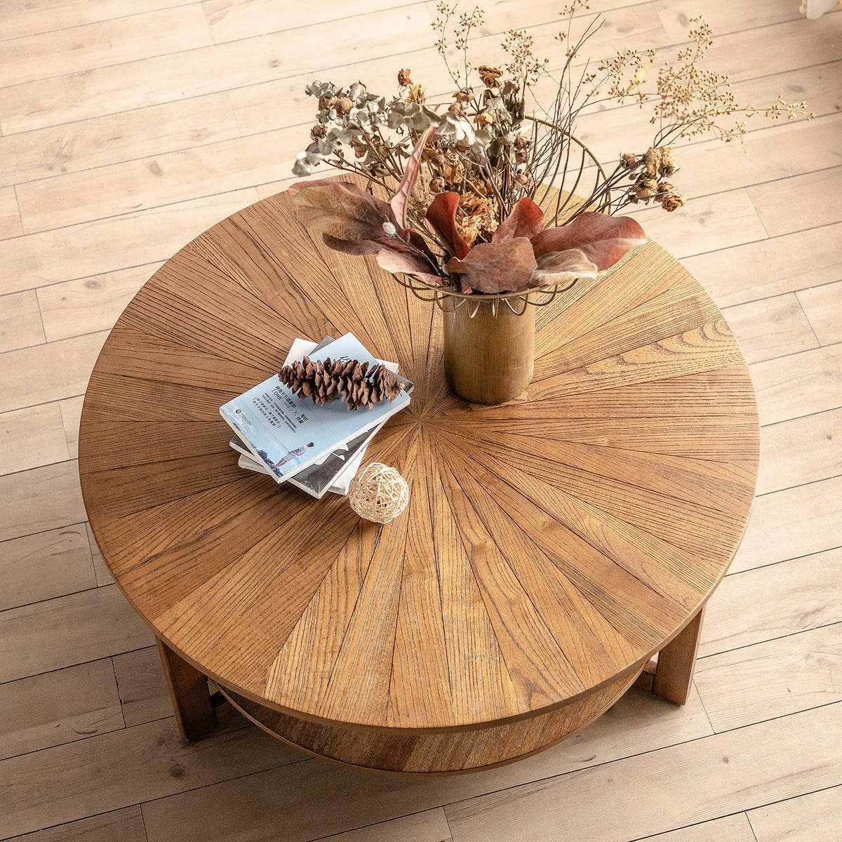 35" Round 2 Tier Wood Coffee Table with Storage Shelf O22680